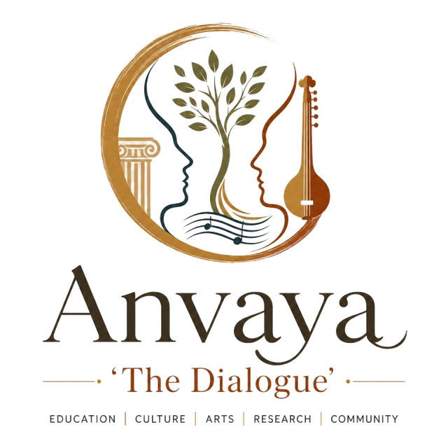 The Anvaya emblem: two profiles in conversation, framed by a column, a tree and a sitar