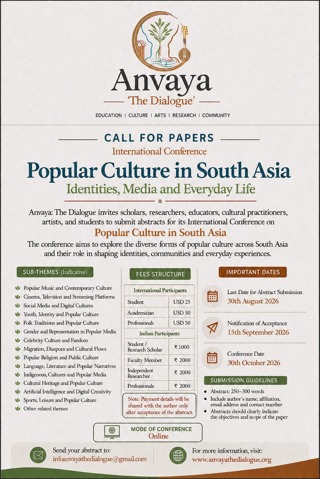 Anvaya, The Dialogue: Call for Papers poster for the International Conference on Popular Culture in South Asia, Identities, Media and Everyday Life, with sub-themes, fee structure, and important dates.